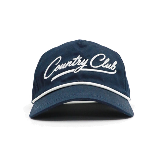 Navy Country Club script rope cap front view