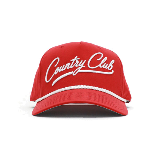 Red Country Club script rope cap front view
