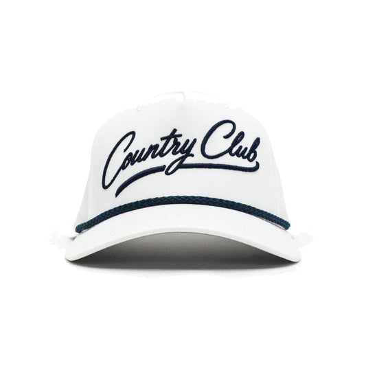 White and navy Country Club script rope cap front view