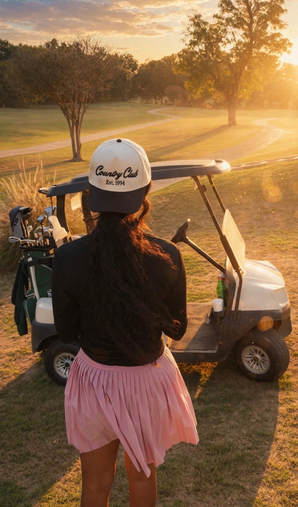 Destenee wearing the Est. 1994 hat by a golf cart